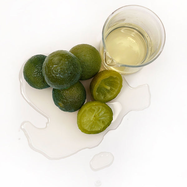 Several Rainforest Limes sit next to a beaker of the Native Extracts Rainforest Lime Cellular Extract.
