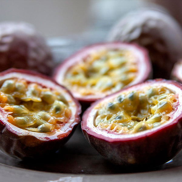 The Passionfruit (Passiflora edulis) has a hard shell and when cut open a soft centre that is orange with small black seeds. This passionfruit is used to create the Native Extracts Passionfruit Cellular Extract.